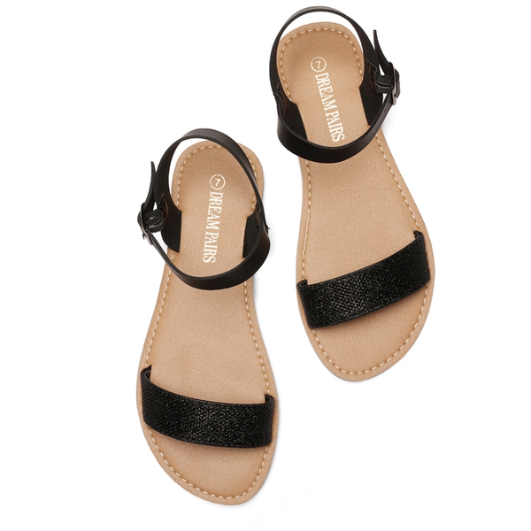 Ankle Strap Open Toe Flat Sandals - BLACK GLITTER - 3